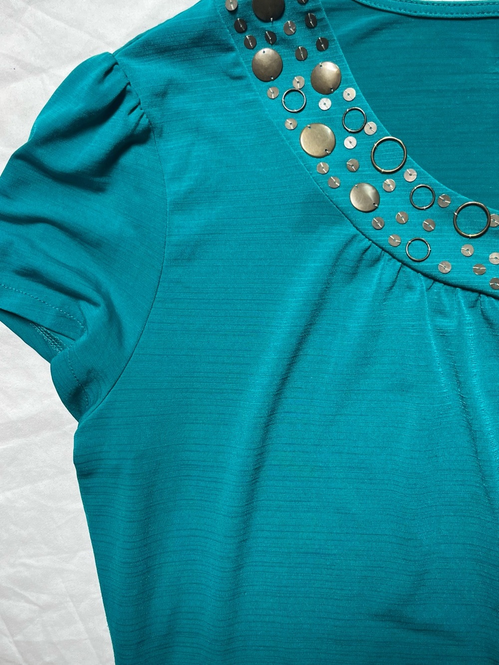 East 5th Teal Scoop Neck Short Sleeve Top with Metallic Studs - Picture 6 of 7